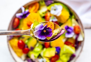 Bowl de ensalada con caléndula y múltiples flores comestibles.