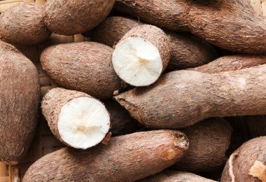 Montón de yuca con dos ejemplares partidos a la mitad.