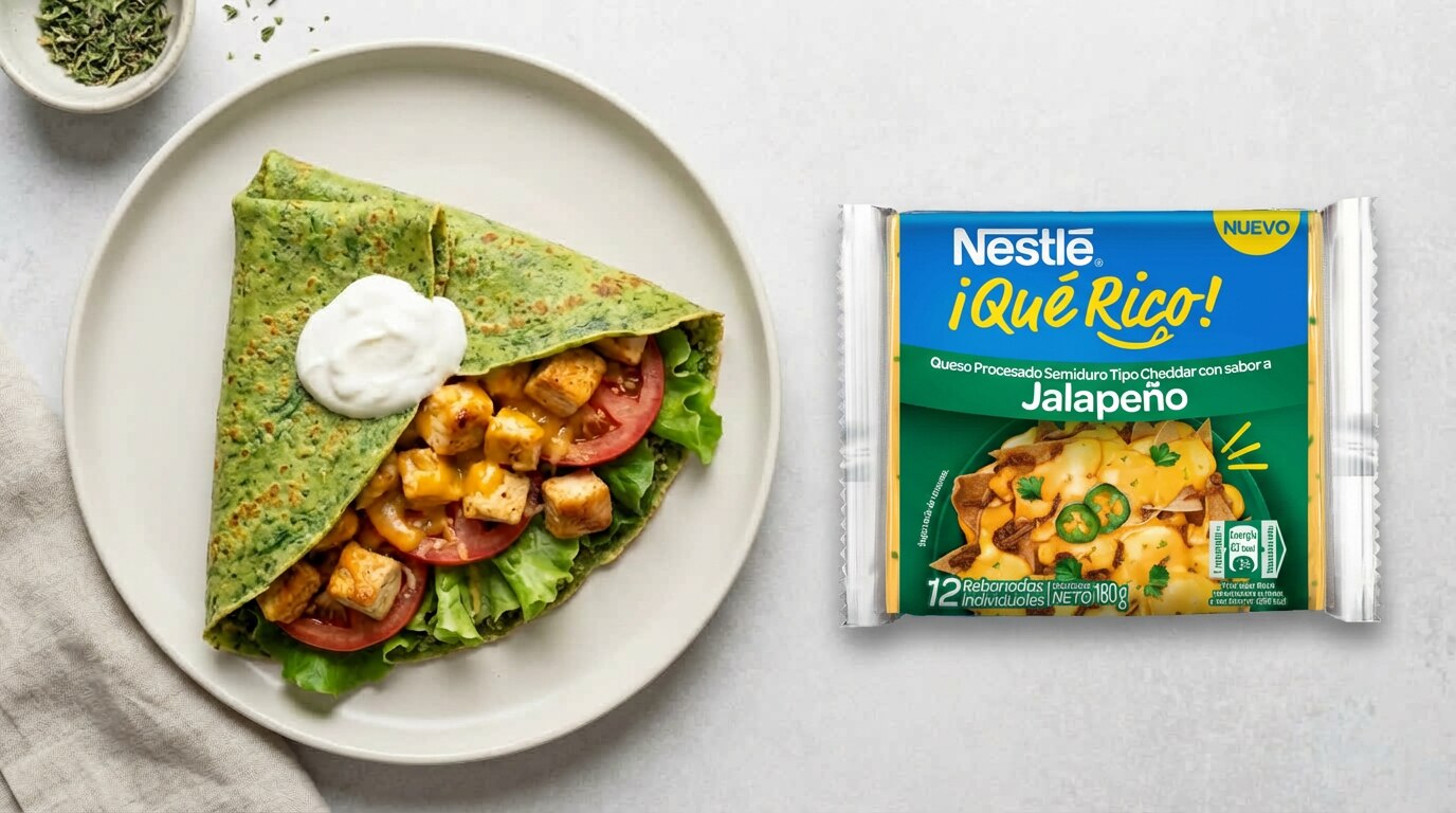 Crepe de quinoa y espinaca con pollo y queso jalapeño