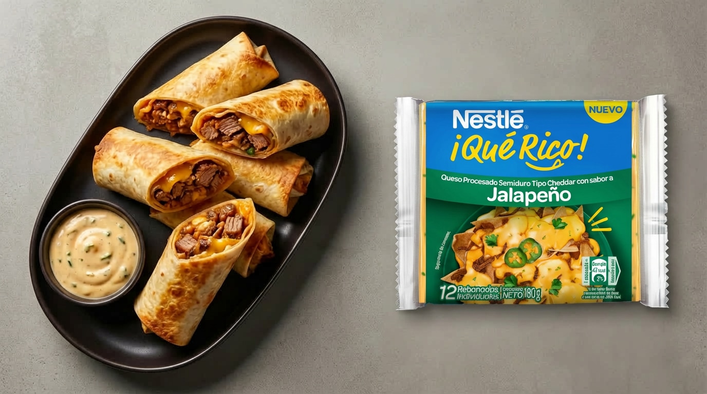 Rolls de carne con salsa Cheddar jalapeño