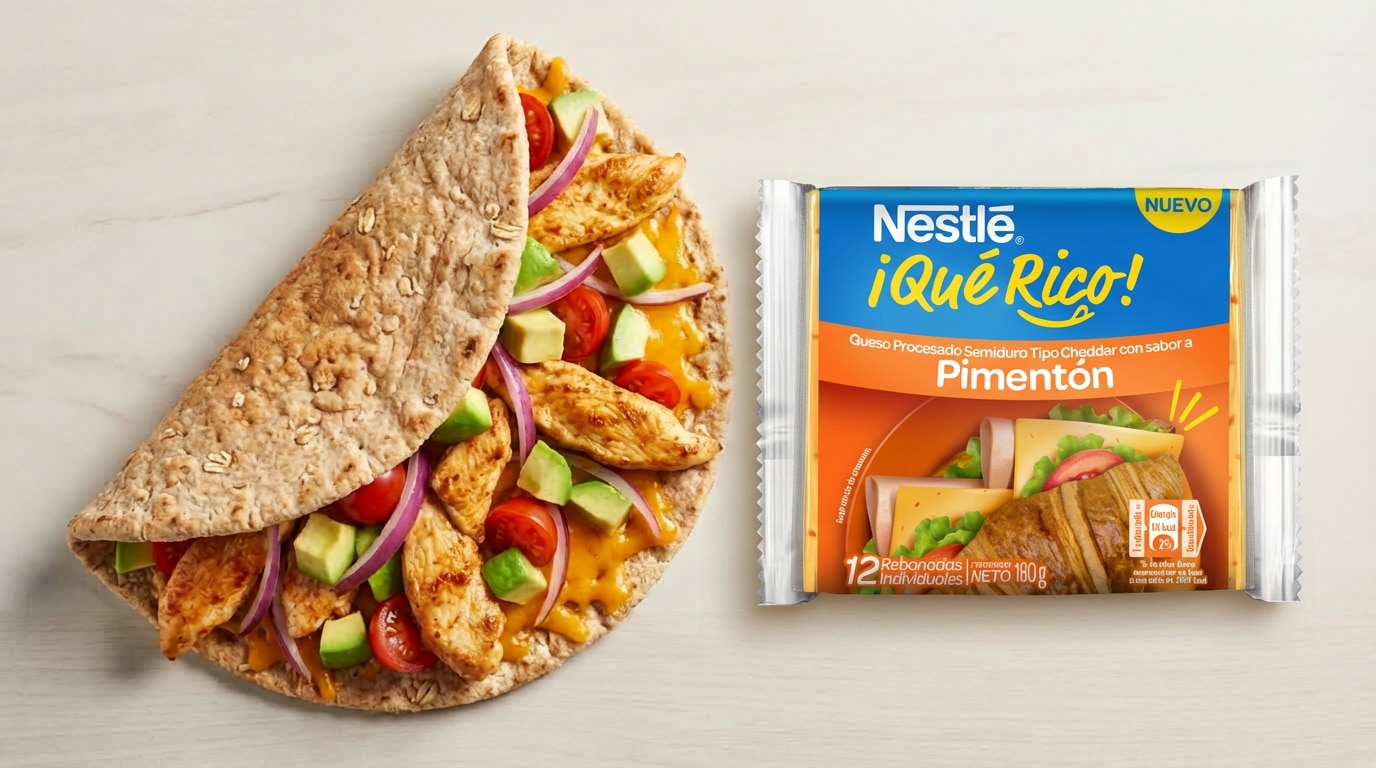 Flat bread de avena relleno con pollo y queso cheddar pimentón