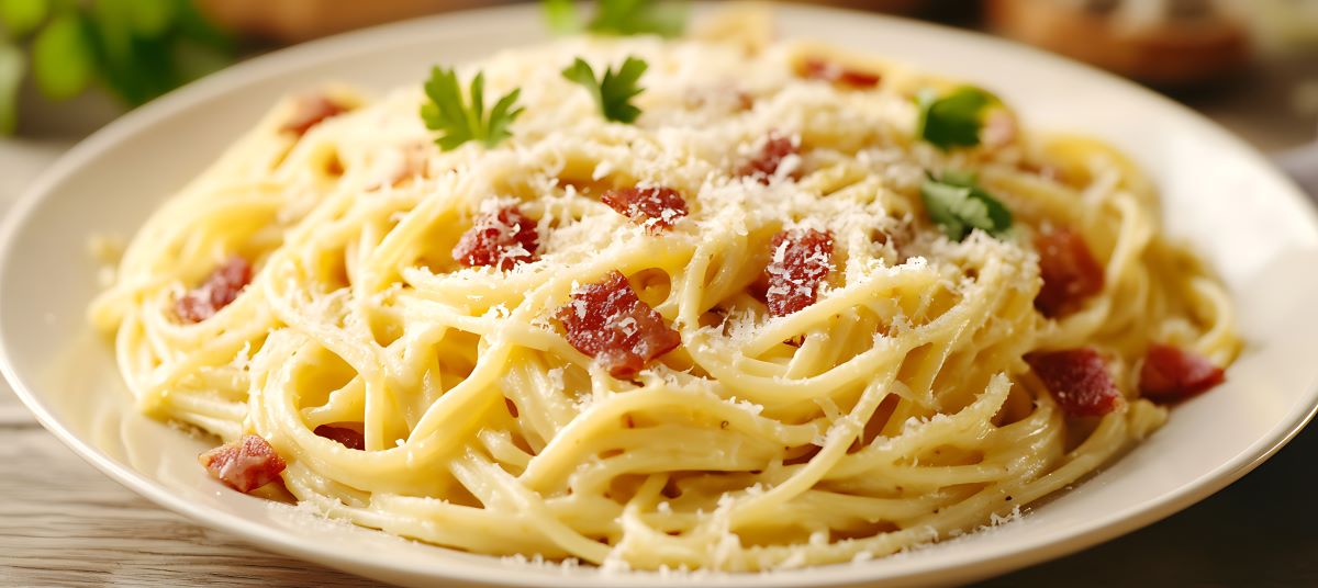 Pasta Alfredo con tocino Pasta Alfredo con tocino