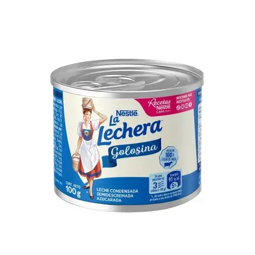 Lata pequeña de Leche Condensada Nestlé La Lechera Golosina de 100g, versión semidescremada azucarada.