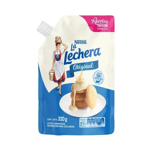 Lata de leche condensada Nestlé La Lechera de 395g con logo de "Recetas Nestlé".