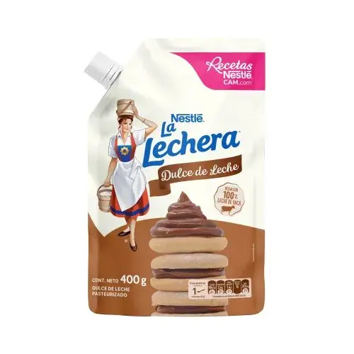 Empaque flexible con boquilla de Dulce de Leche Nestlé La Lechera de 400g, con imagen de alfajores rellenos