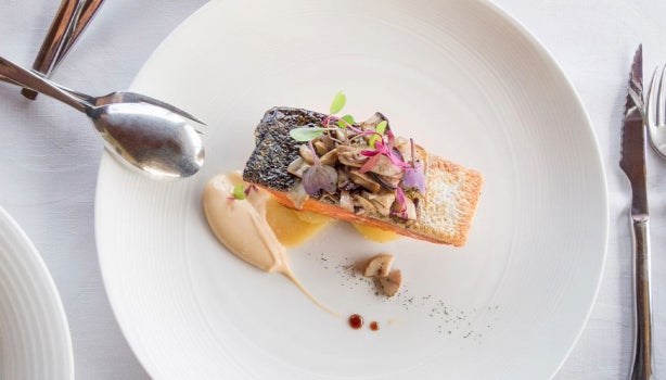 Tipos de pescado salmón en plato blanco.