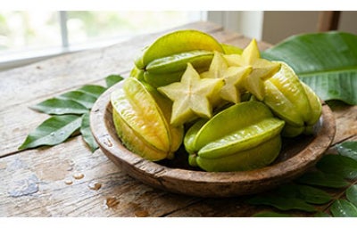 Carambola sobre cuenco de madera.