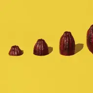 Semillas y frutos de cacao alineadas sobre un fondo amarillo para celebrar el Día Internacional del Cacao