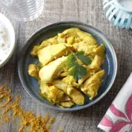 Plato de ají de gallina con pollo en salsa amarilla servido con arroz blanco