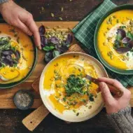 Sopa cremosa de calabaza asada vegana sobre fondo de madera