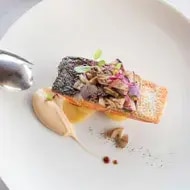 Tipos de pescado salmón en plato blanco.