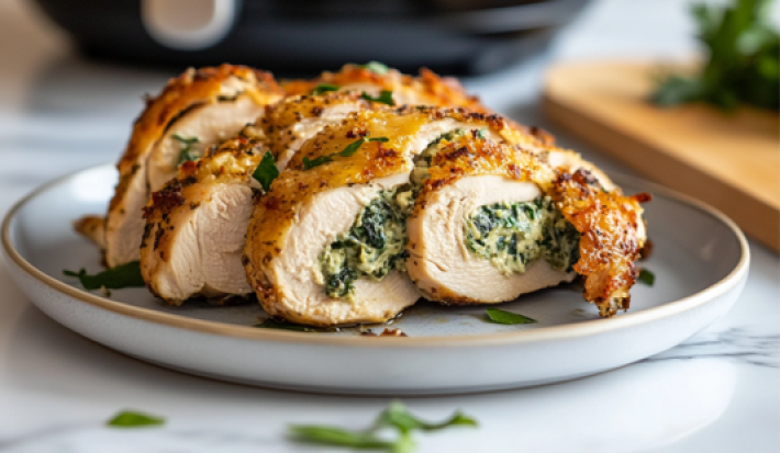 Pechuga de pollo rellena de espinacas en freidora de aire