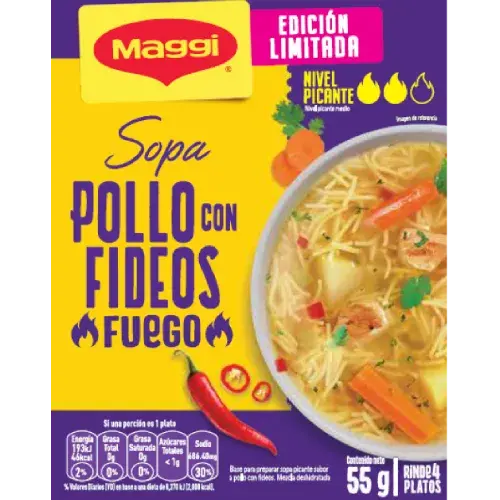 Sopa Pollo con fideos fuego